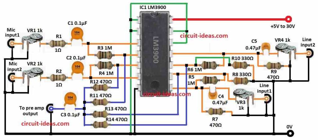 Voice and Music Audio Mixer Circuit  Diagram using IC LM3900