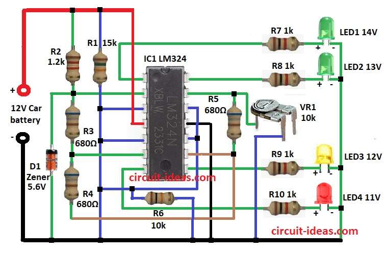 Car LED Voltmeter Circuit Diagram using IC LM324