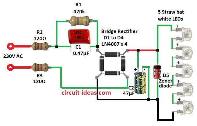 DIY LED Lamp Circuit Diagram using Salvaged Parts from Blown LED Bulb