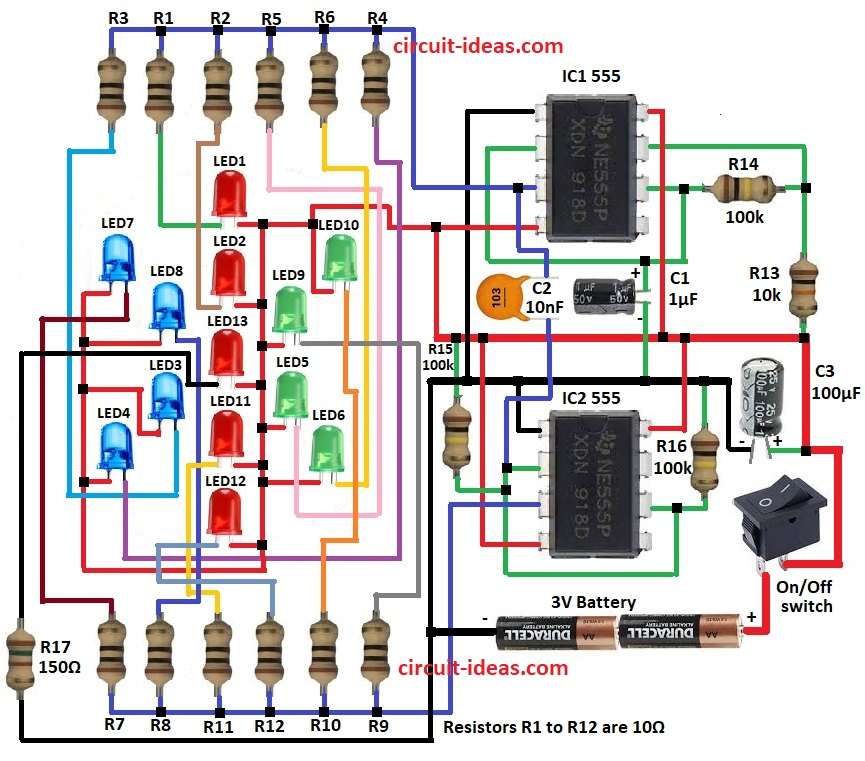 Rotating LED Array Circuit  Diagram using IC 555