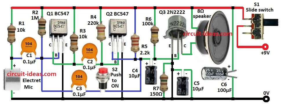 Simple 9V Battery Powered Transistor Intercom Circuit Diagram