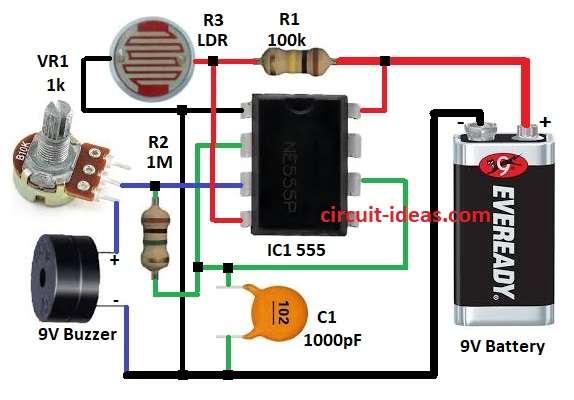 Simple Dark Sensor Circuit Diagram with Buzzer