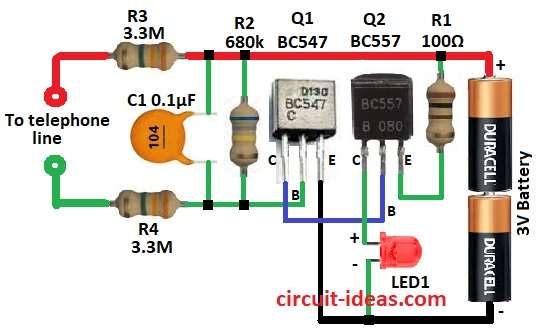 Simple LED Alert for Telephone Off-Hook Detection Circuit Diagram