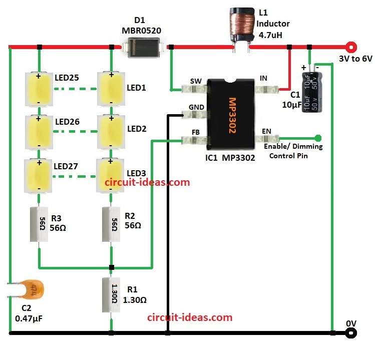 Simple LED Boost Driver Circuit Diagram with IC MP3302