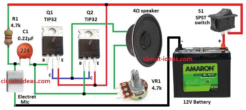 Simple Transistors Based Megaphone Circuit Diagram