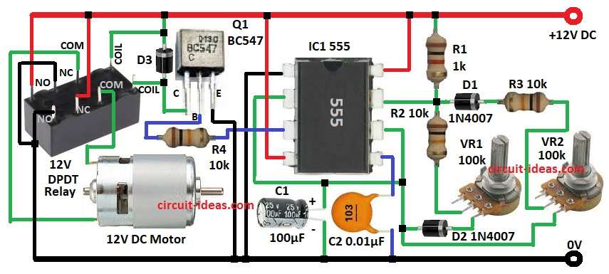 Controlling a DC Motors Direction Circuit Diagram with IC 555 Timer