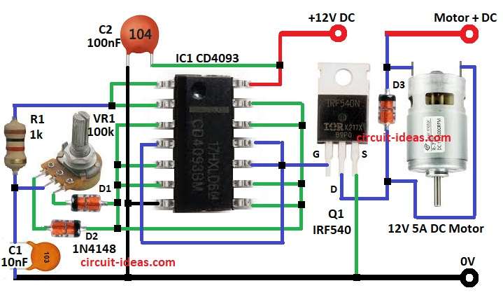 IC CD4093 Based PWM DC Motor Controller Circuit Diagram