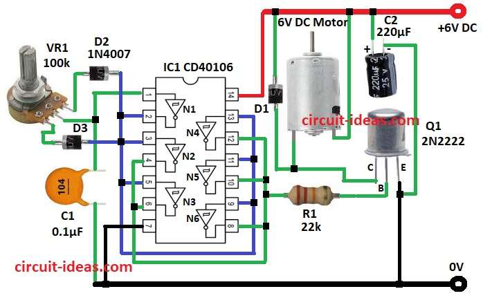 Simple 6V DC Motor Speed Controller Circuit Diagram using IC CD 40106