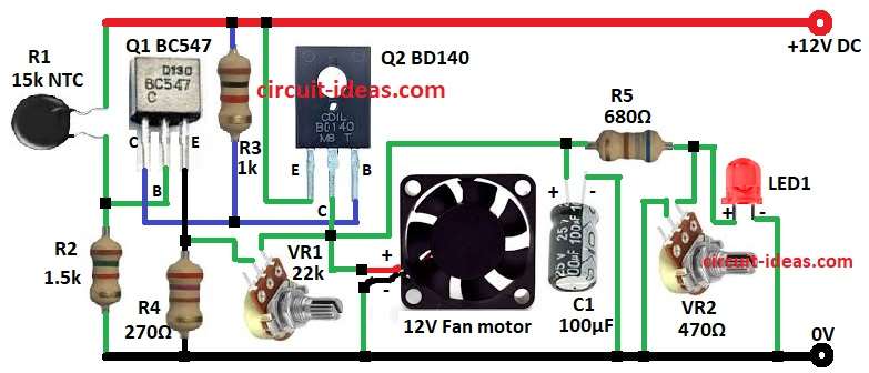 Simple Temperature Based DC Fan Controller Circuit Diagram using Transistors