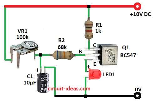 Simple Time Delay LED Circuit Diagram using Transistor