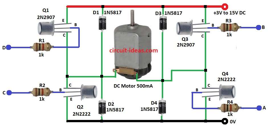 Simple Transistor Based H-Bridge Motor Controller Circuit Diagram