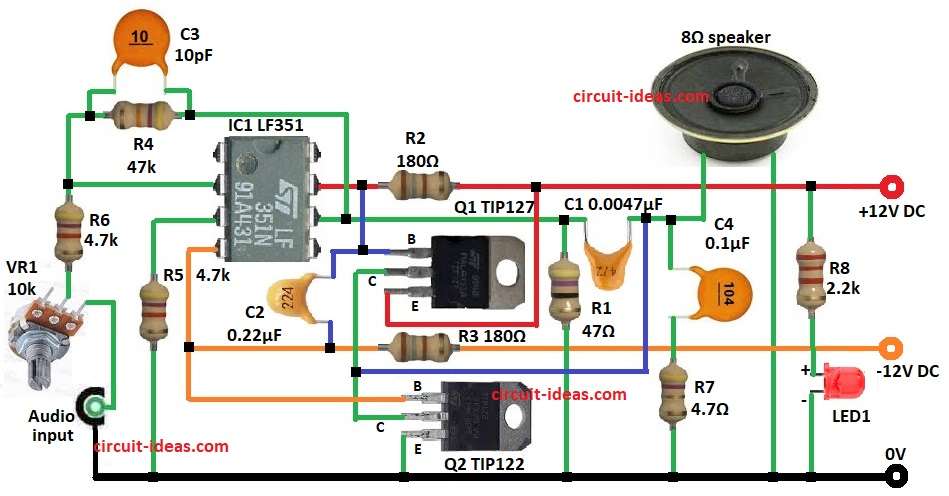 12 Watt Audio Amplifier Circuit Diagram using IC LF351