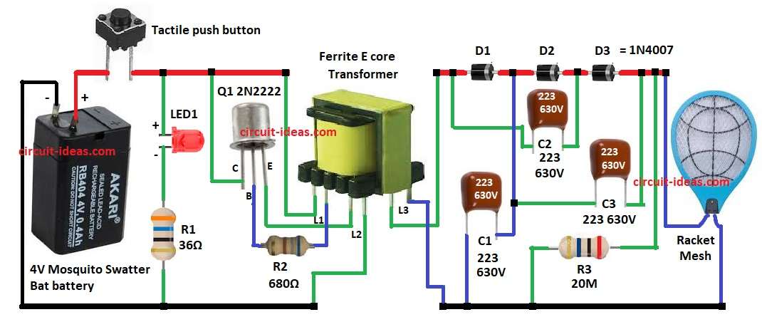 Electronic Mosquito Swatter Bat Circuit - Circuit Ideas for You