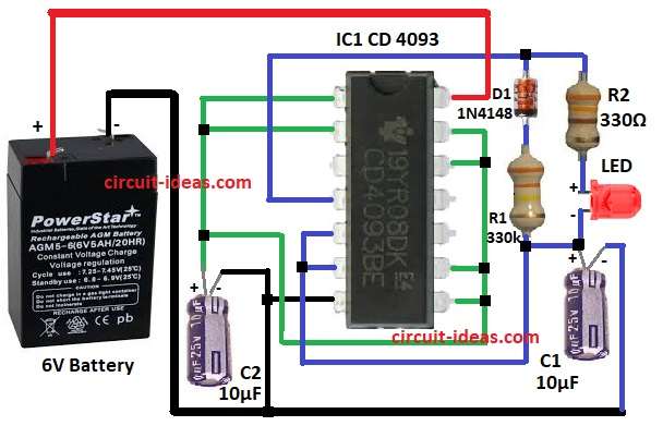 Low Power Led Flasher Circuit Diagram using Nand Gate IC