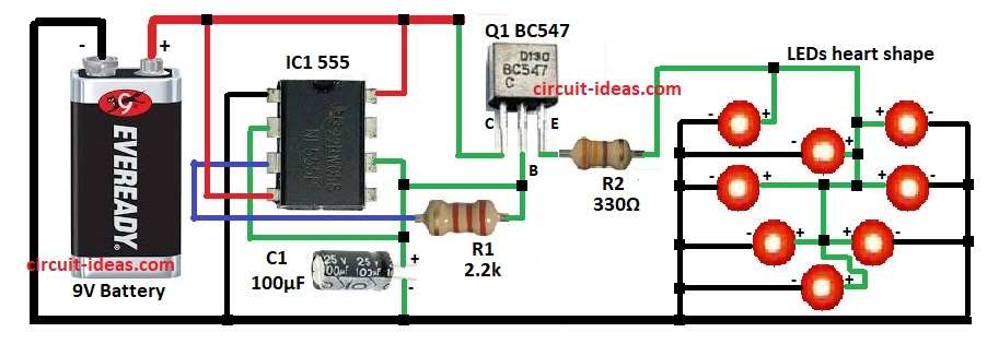 Simple LED Heart Blinker Circuit Diagram with IC 555 Timer
