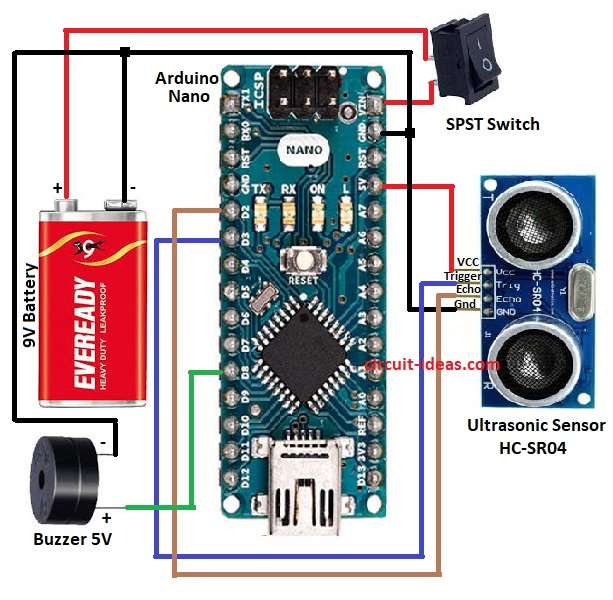 Ultrasonic Blind Stick Circuit Diagram using Arduino