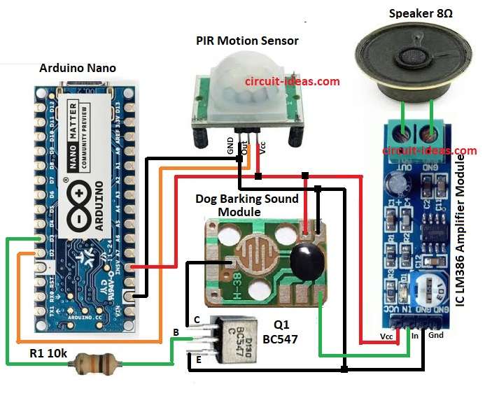 Arduino Based Motion Dog Barking Alarm Circuit Diagram