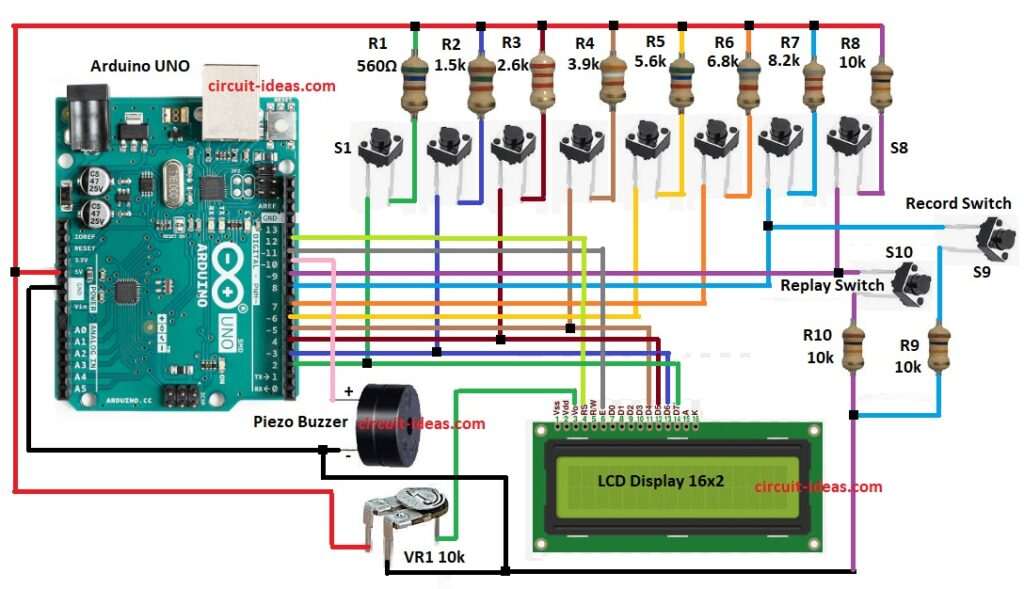 Arduino Piano Music Keyboard with Memory Circuit Diagram