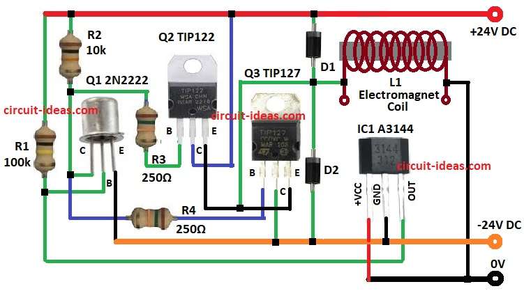 Electromagnet Levitation Circuit Diagram with Hall Effect Sensor