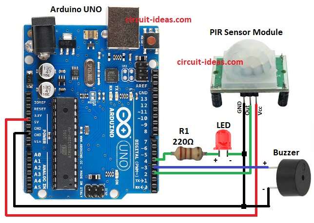 PIR Motion Detector Circuit Diagram using Arduino