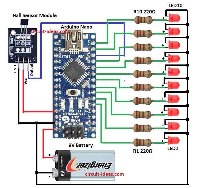 POV Project with LEDs and Arduino Circuit Diagram