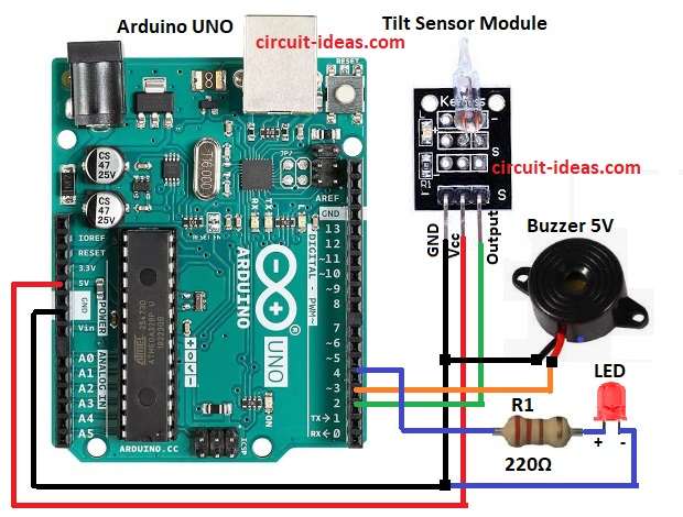 Tilt Switch Interfacing Circuit Diagram with Arduino Uno