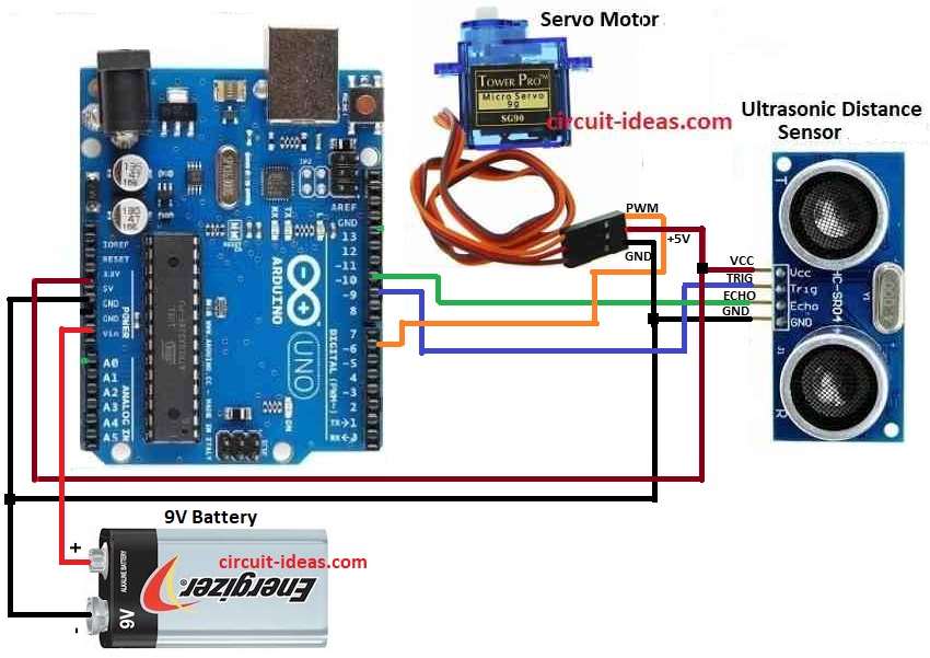 Touchless Dustbin Circuit Diagram using Arduino Uno and Ultrasonic Sensor