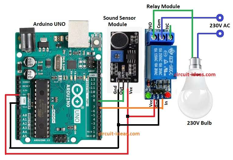 Whistle Controlled Light Circuit Diagram using Arduino