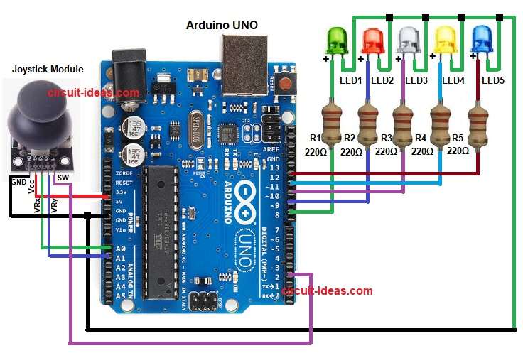 Arduino and Joystick LED Controller Circuit Diagram