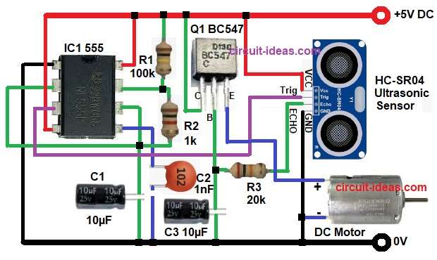 Obstacle Detection Circuit Diagram with 555 Timer and Ultrasonic Sensor