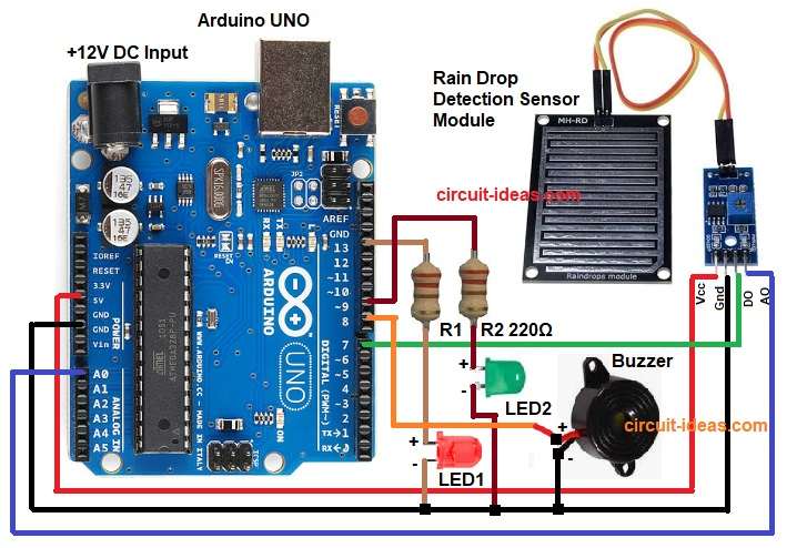 Rain Detector Circuit Diagram using Arduino