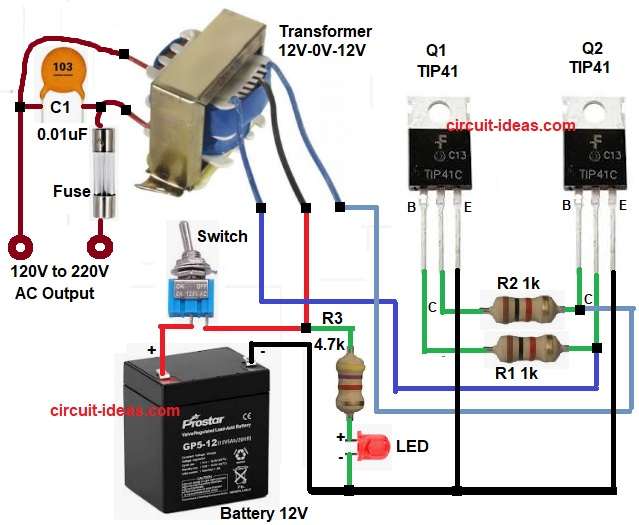 12V Mini Inverter Circuit Diagram using Transistor TIP41