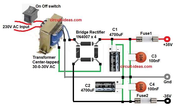 35V Dual Output Power Supply Circuit Diagram