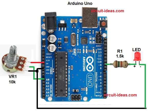 Fading LED Circuit Diagram using Arduino and Potentiometer