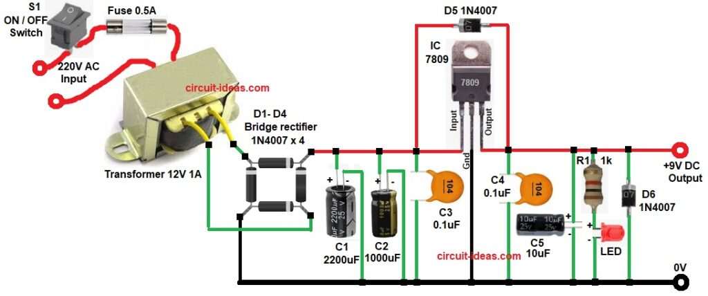 Regulated 9V Power Supply Circuit Diagram using IC 7809