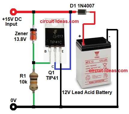 Simple 12V Battery Charger Circuit Diagram using TIP41 Transistor