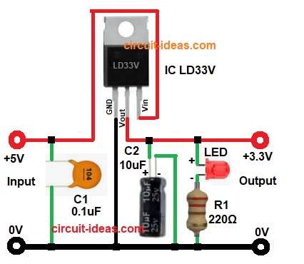 Simple 5V to 3.3V Converter Circuit Diagram using IC LD33V