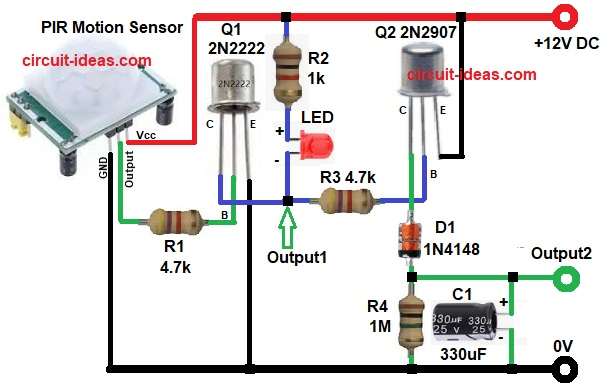 Simple PIR Sensor Timer Circuit Diagram using Transistors