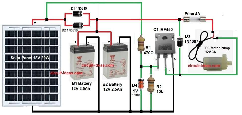 Solar Water Pump Circuit Diagram using Battery and MOSFET