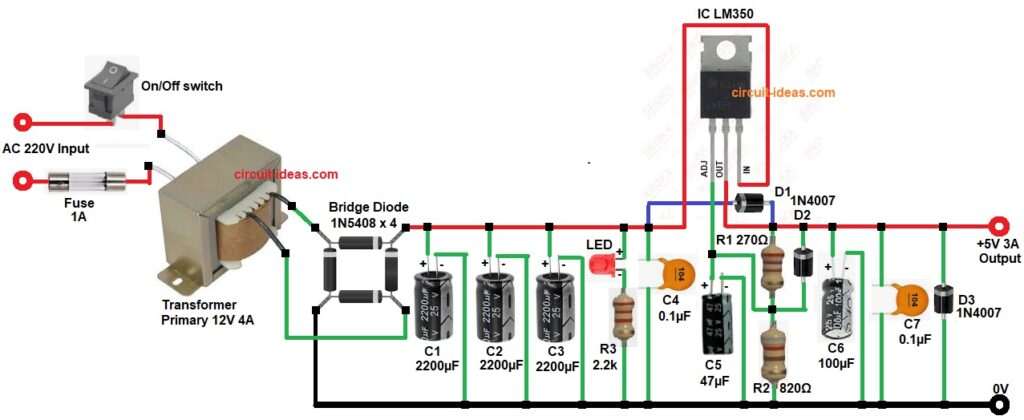 Stable 5V 3A Power Source Circuit Diagram using IC LM350