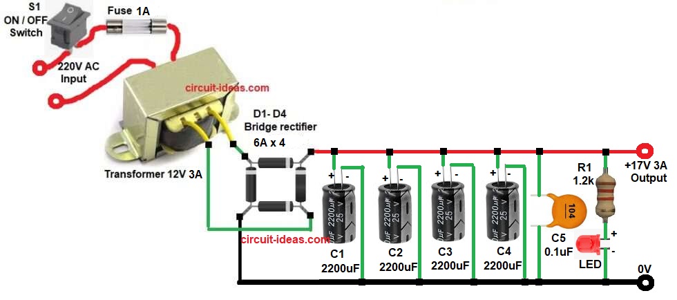 Transformer Based 12V DC 3A Power Supply Circuit Diagram