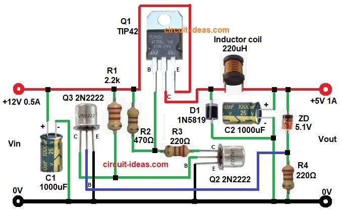 12V to 5V Buck Converter Circuit Diagram using Transistors