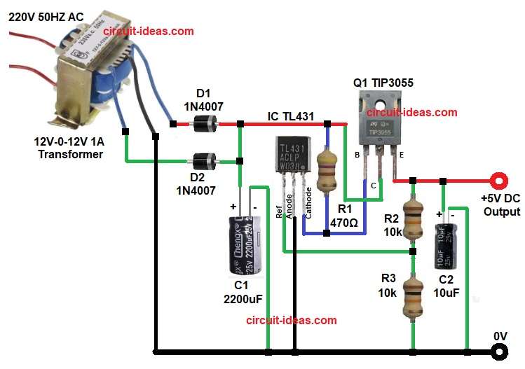 5V 0.5A Regulated Power Supply Circuit Diagram