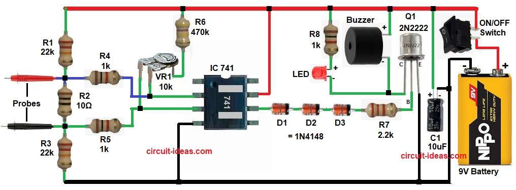 Continuity Tester Circuit Diagram using Op-Amp
