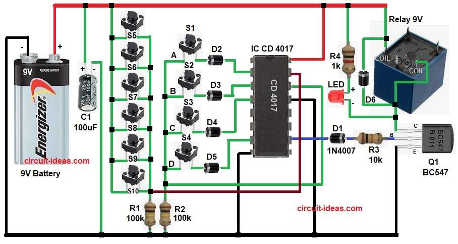 Digital Code Lock Circuit Diagram using IC 4017
