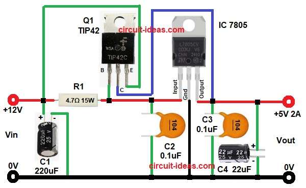 IC 7805 12V To 5V 2A Boost Converter Circuit Diagram