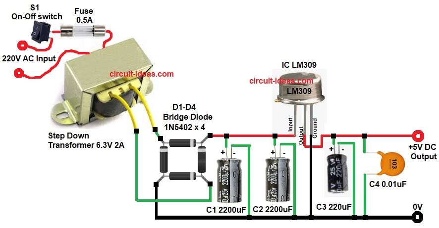 IC LM309 Based 5 Volt Power Supply Circuit Diagram