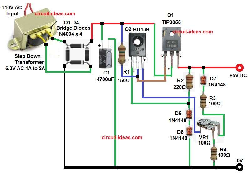 Transistor Based 5V Linear Power Supply Circuit Diagram