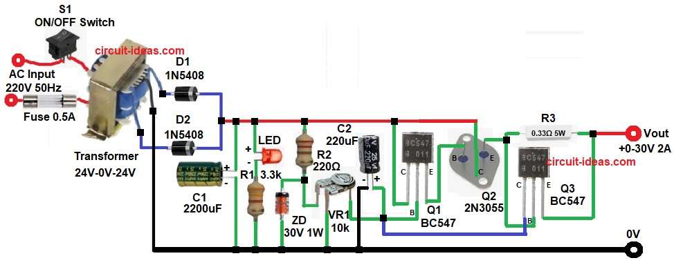 0-30V Transistor Based Variable Power Supply Circuit Diagram