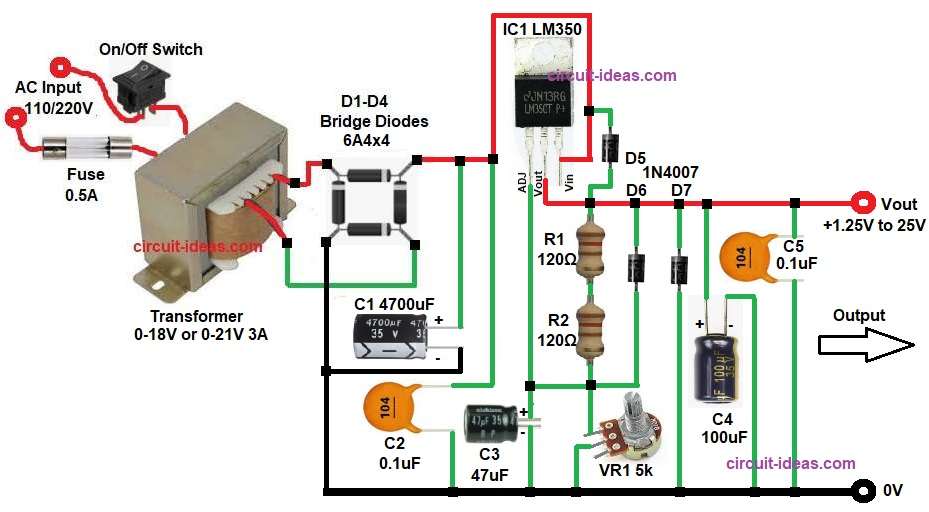 1.25V to 25V Adjustable Power Supply Circuit Diagram with IC LM350